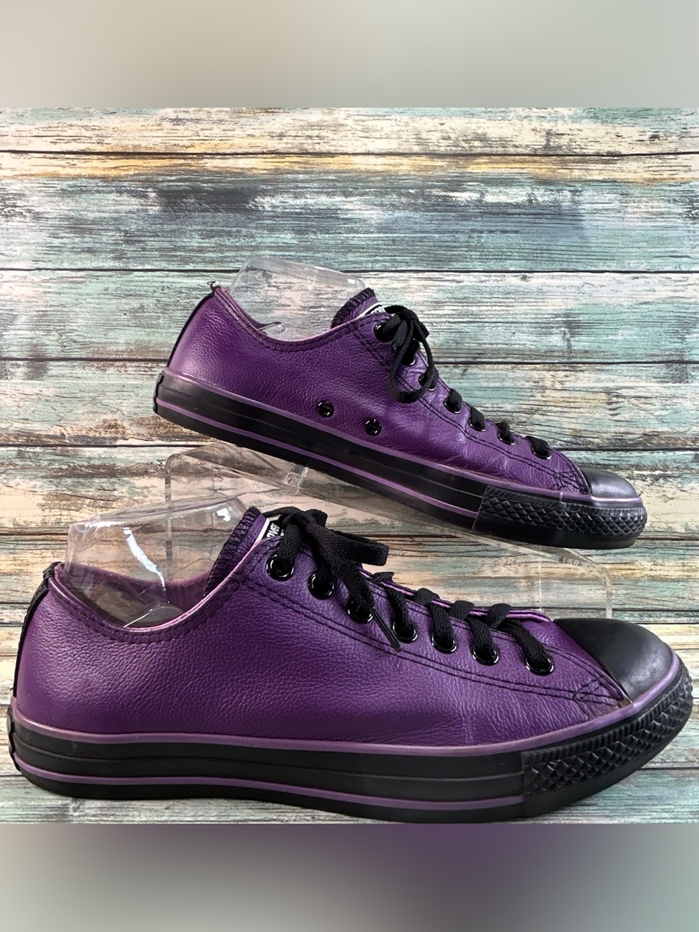 CONVERSE ALL STAR Low Top Casual Sneakers Size 11 Purple Leather Black Cap Toe